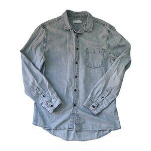 Men's Topman Denim Blue Jean Long Sleeve Button Down Shirt - Large